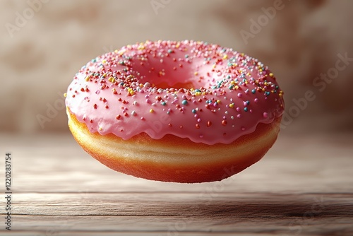 Pink doughnut with sprinkles floating in air on beige background, minimalist 3D rendering in Cinema4D style photo