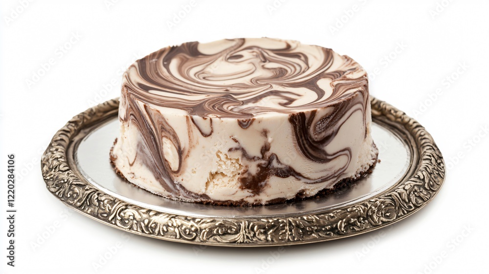 Vegan chocolate peanut ice cream cake with marbled chocolate decor, styled on a silver platter, isolated on white Vegan chocolate peanut ice cream cake with marbled chocolate decor, styled on a silver platter, isolated on white