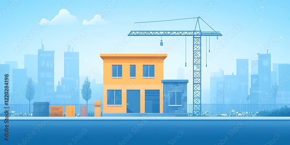 Obraz premium Urban house construction site with crane, boxes, city skyline background