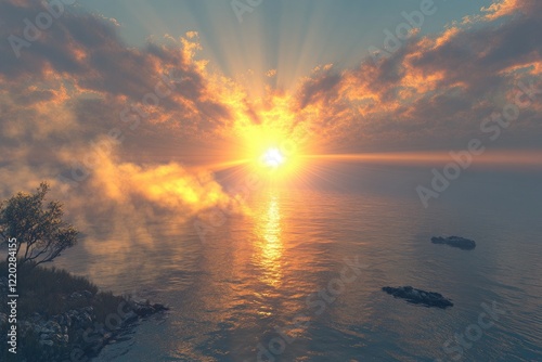 The early morning sun rises over the tranquil ocean, its rays penetrating through a smoky haze caused by a bushfire, casting a warm golden glow on the water and surrounding clouds.