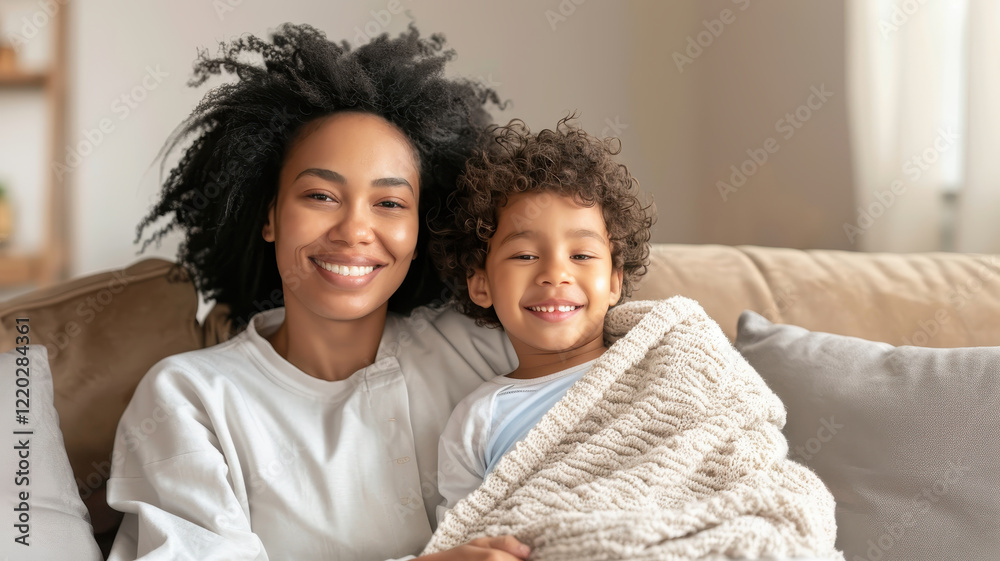 mother and child cuddle on couch, wrapped in cozy blanket, smiling warmly mother and child cuddle on couch, wrapped in cozy blanket, smiling warmly