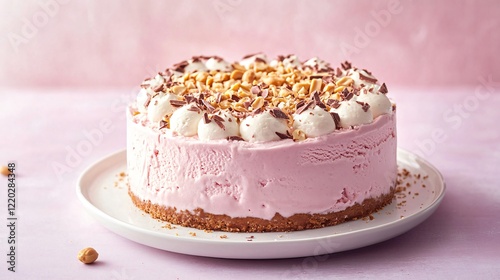 Vegan ice cream cake topped with vegan white chocolate shavings and crushed peanuts, isolated on soft lavender