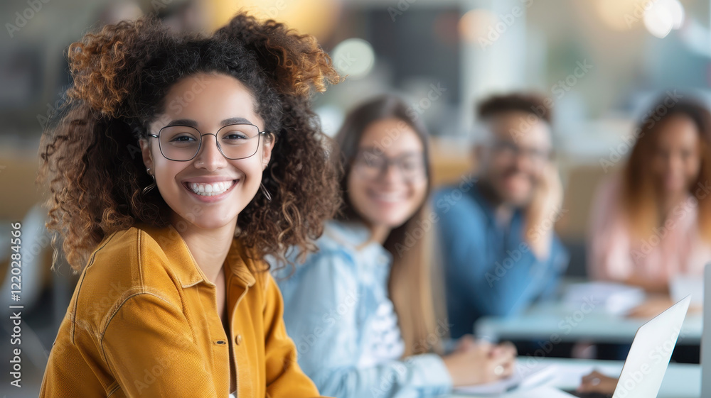 group of young professionals collaborating in modern office setting, with focus on smiling woman in foreground