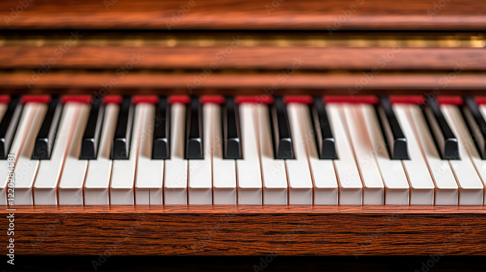 Close up of piano keys with polished wooden finish Close up of piano keys with polished wooden finish