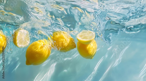 Fresh lemons submerged in sparkling water, creating dynamic splashes and reflections.
