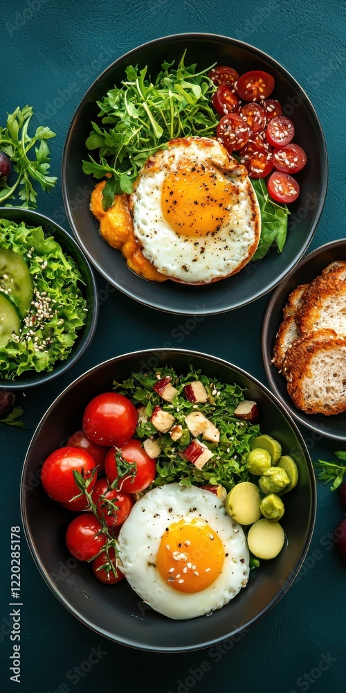Lively upscale brunch scene bright daylight overhead view of plates vibrant decor gourmet food presentation Lively upscale brunch scene bright daylight overhead view of plates vibrant decor gourmet food presentation