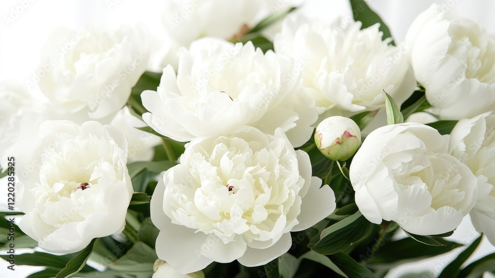 Obraz premium Fresh white peonies in full bloom with lush green leaves