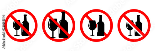 No alcohol sign, Don't drink icon. Prohibition symbol. Do not drink alcohol in this area. No drink. Free alcohol label product. Vector illustration