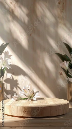 Elegant wooden display with fresh lilies and gentle sunlight shadows
