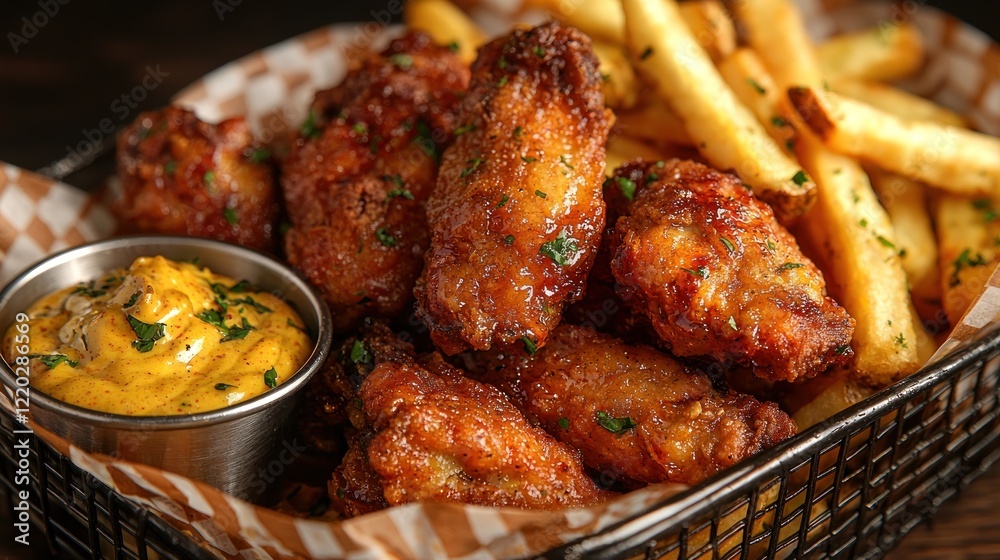 Fried chicken wings and fries in basket, sauce on side, for food blog use Fried chicken wings and fries in basket, sauce on side, for food blog use