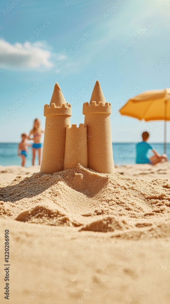 Naklejka premium Family builds sandcastles on sunlit beach travel experiences playful eye-level view
