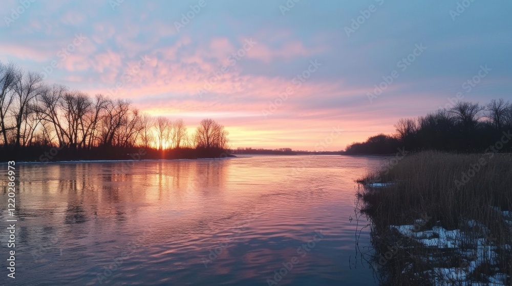 Fototapeta premium Golden hues cascade across the water as the sun sets behind silhouetted trees, creating a peaceful lakeside atmosphere
