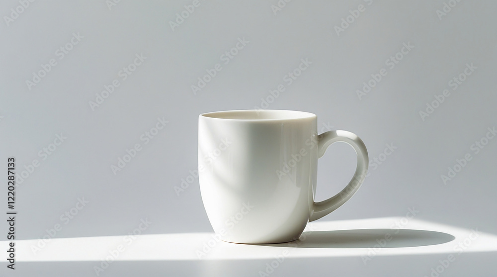 Simple white coffee mug in soft sunlight. Minimalist concept for branding, cafe, or morning routine.