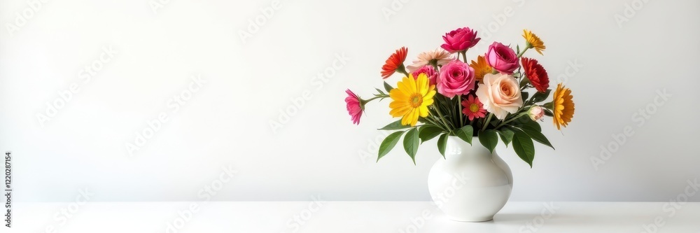 Colorful flower bouquet in elegant vase, pure white background, spring, shadow Colorful flower bouquet in elegant vase, pure white background, spring, shadow