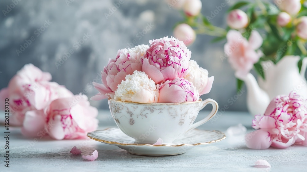 Elegant floral arrangement with pink peonies in teacup Elegant floral arrangement with pink peonies in teacup
