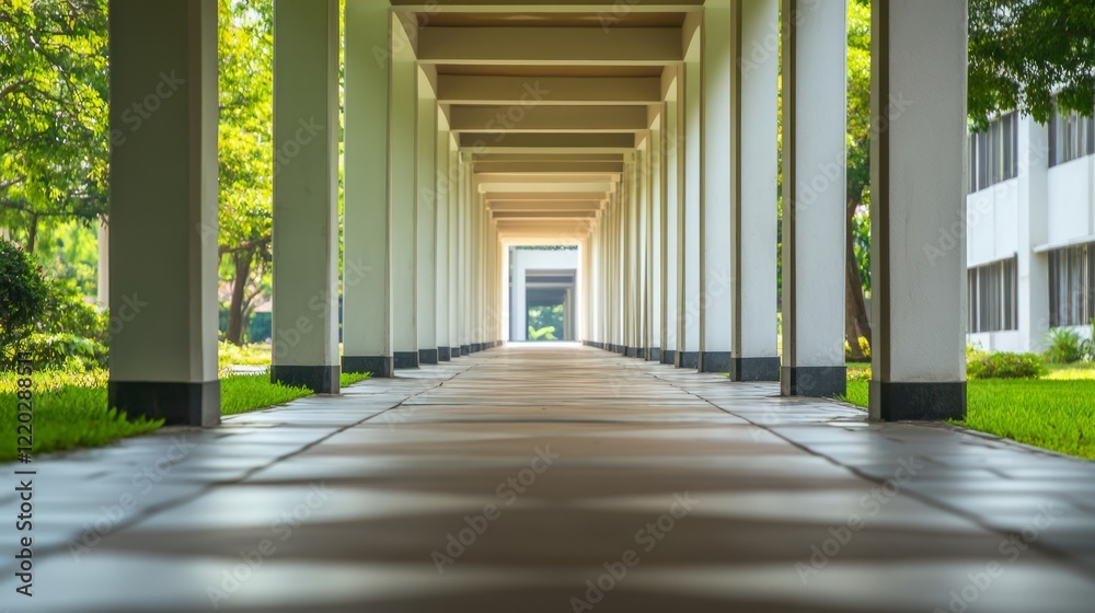 Fototapeta premium Perspective View of a Tranquil Walkway Lined with Columns Surrounded by Greenery and Sunlight