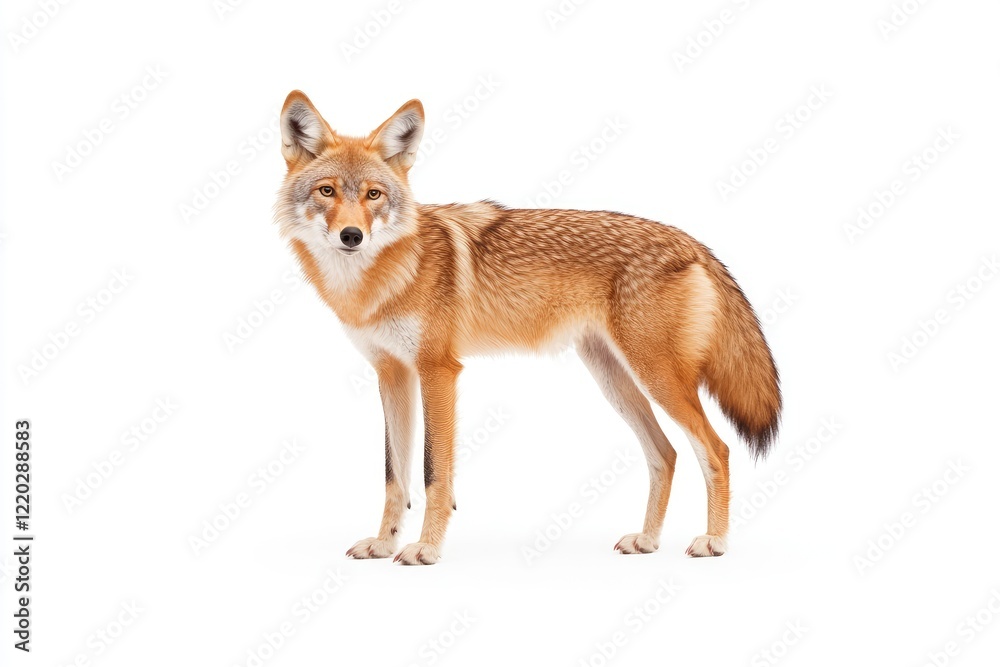 Fototapeta premium A solitary coyote stands gracefully on a white background, showcasing its natural beauty and elegance