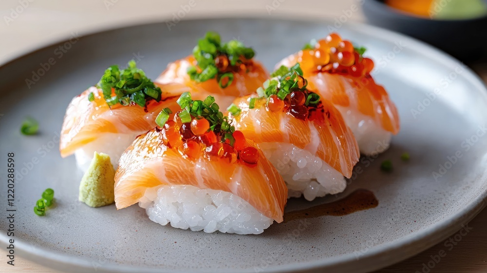 Fresh Salmon Sushi with Fish Roe and Green Onions Fresh Salmon Sushi with Fish Roe and Green Onions