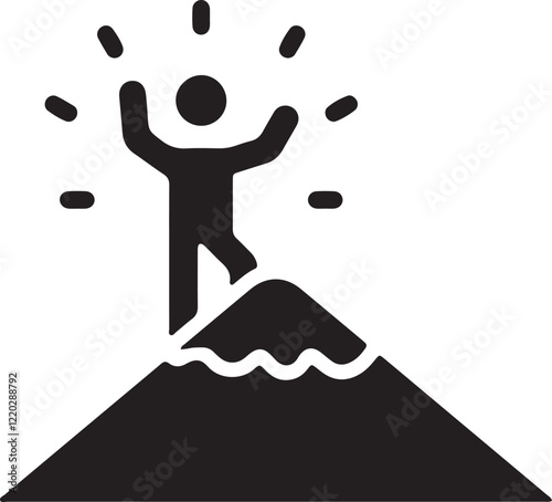 Illustration of a stickman standing happily on top of a peak after overcoming obstacles to get there