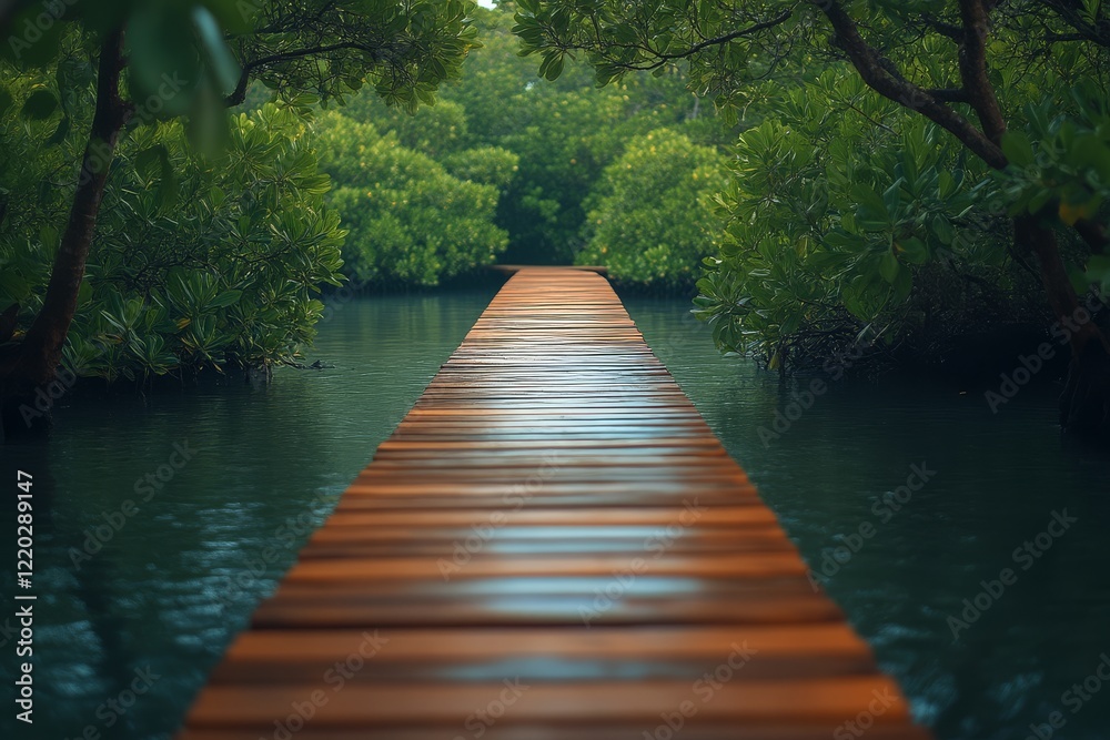 A serene wooden pathway stretches through lush greenery, guiding toward tranquil waters in a peaceful natural setting. A serene wooden pathway stretches through lush greenery, guiding toward tranquil waters in a peaceful natural setting.