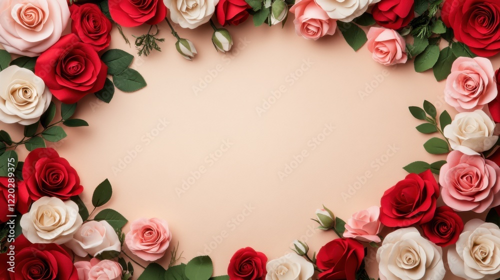 Elegant Floral Frame with Red and Pink Roses on Soft Beige Background for Romantic and Wedding Themes