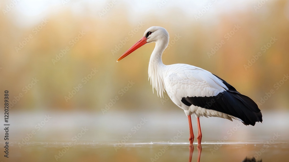 Elegant Stork Among Calm Waters and Soft Background Elegant Stork Among Calm Waters and Soft Background