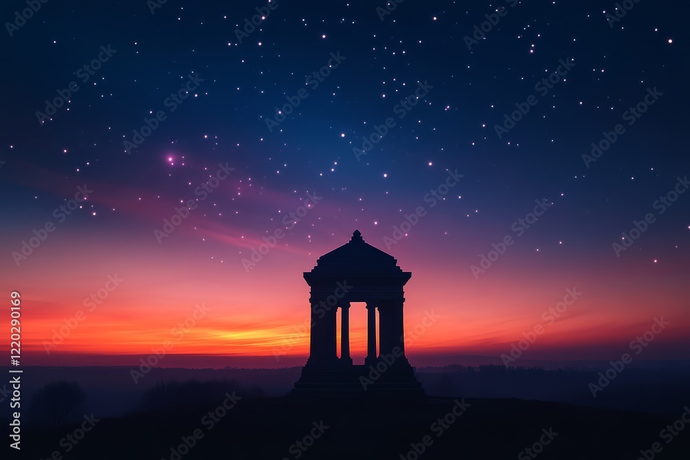Fototapeta premium A silhouette of a classical structure against a vibrant sunset sky filled with stars, creating a serene and mystical atmosphere.