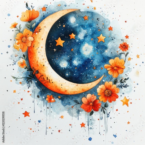 A vibrant watercolor illustration of a crescent moon surrounded by colorful flowers and stars