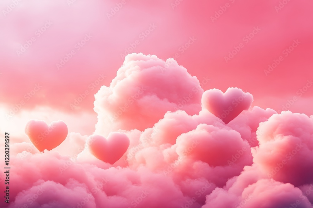 A dreamy sky filled with fluffy pink clouds and heart shapes, evoking feelings of love and romance. A dreamy sky filled with fluffy pink clouds and heart shapes, evoking feelings of love and romance.