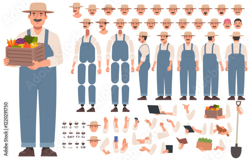 Farmer character constructor. Gardener or villager. Set of arms legs head and body positions for creating animation