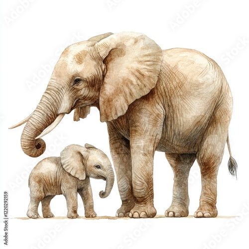 Watercolor illustration of an adult elephant and a calf standing together in a serene landscape