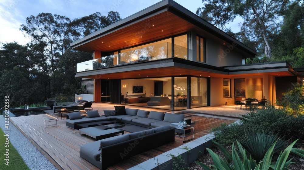 Fototapeta premium Modern luxury home with large deck and outdoor furniture at dusk.