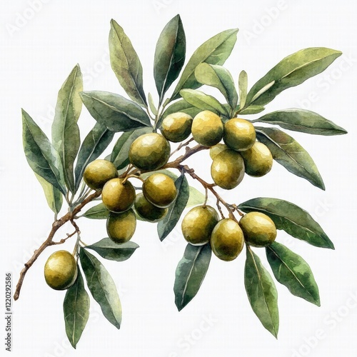 Wallpaper Mural A detailed watercolor illustration of an olive branch with ripe olives and lush green leaves Torontodigital.ca
