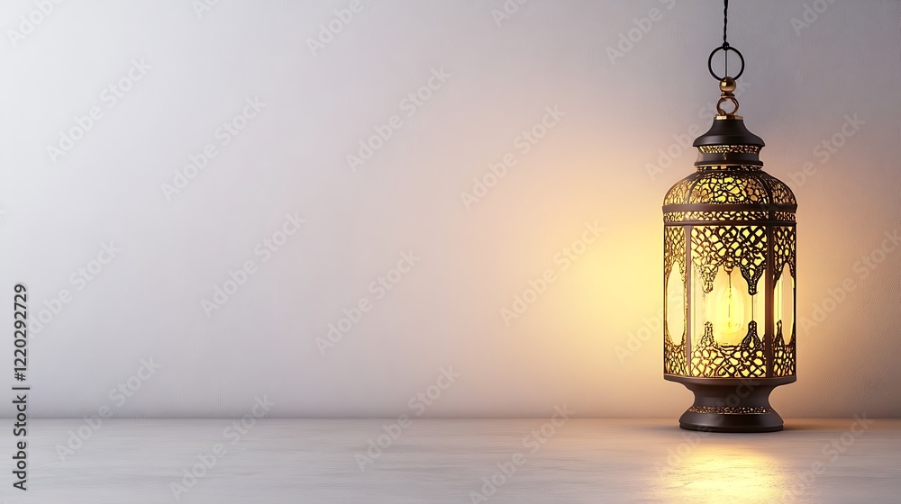 Obraz premium Illuminated Moroccan Lantern Hanging Against White Wall