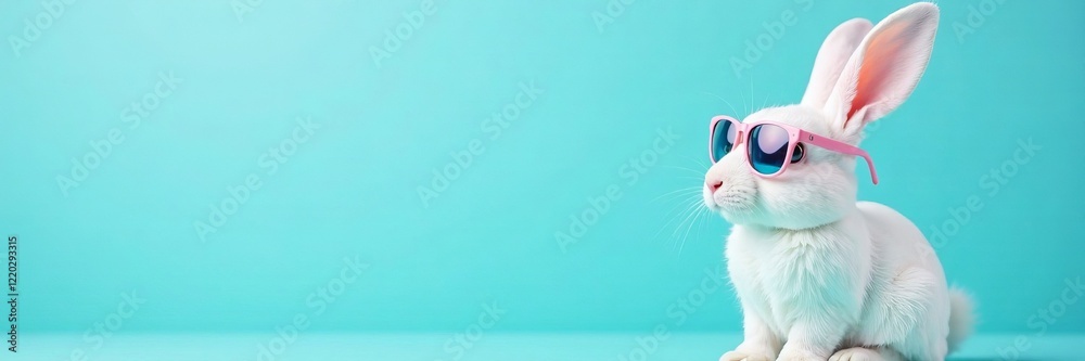 A cute rabbit wearing stylish sunglasses against a minimalist background.