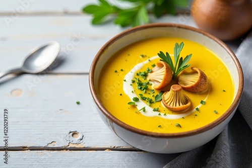 A delicious bowl of creamy pumpkin soup garnished with herbs and mushrooms.