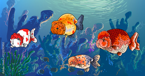 Beautiful Koki fish, goldfish on water hand drawing vector illustration. Asian fish animal symbol.