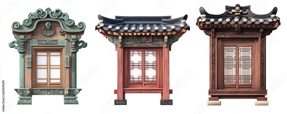 Fototapeta premium Three Ornate Traditional Korean Architectural Windows