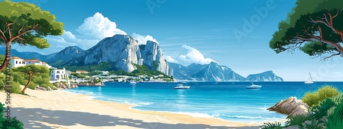 Sunny Mediterranean beach, white houses, cliffs, boats, clear blue water, summer vibes