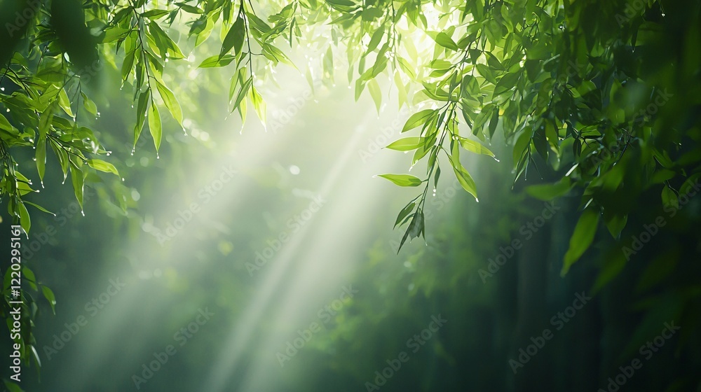 Obraz premium Tropical Rainforest Serenity Sunlight Through Misty Canopy and Lush Greenery for Relaxation and Peace