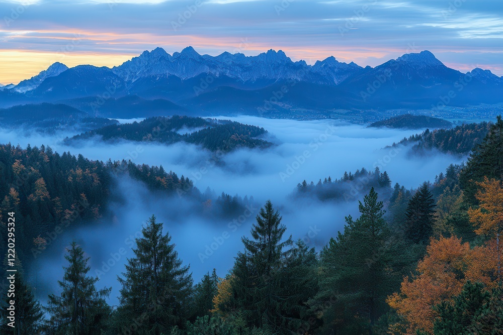 Obraz premium Fog Enveloping Mountain Forest in Eastern Chiemgau Alps of Bavaria During Sunrise. Generative AI