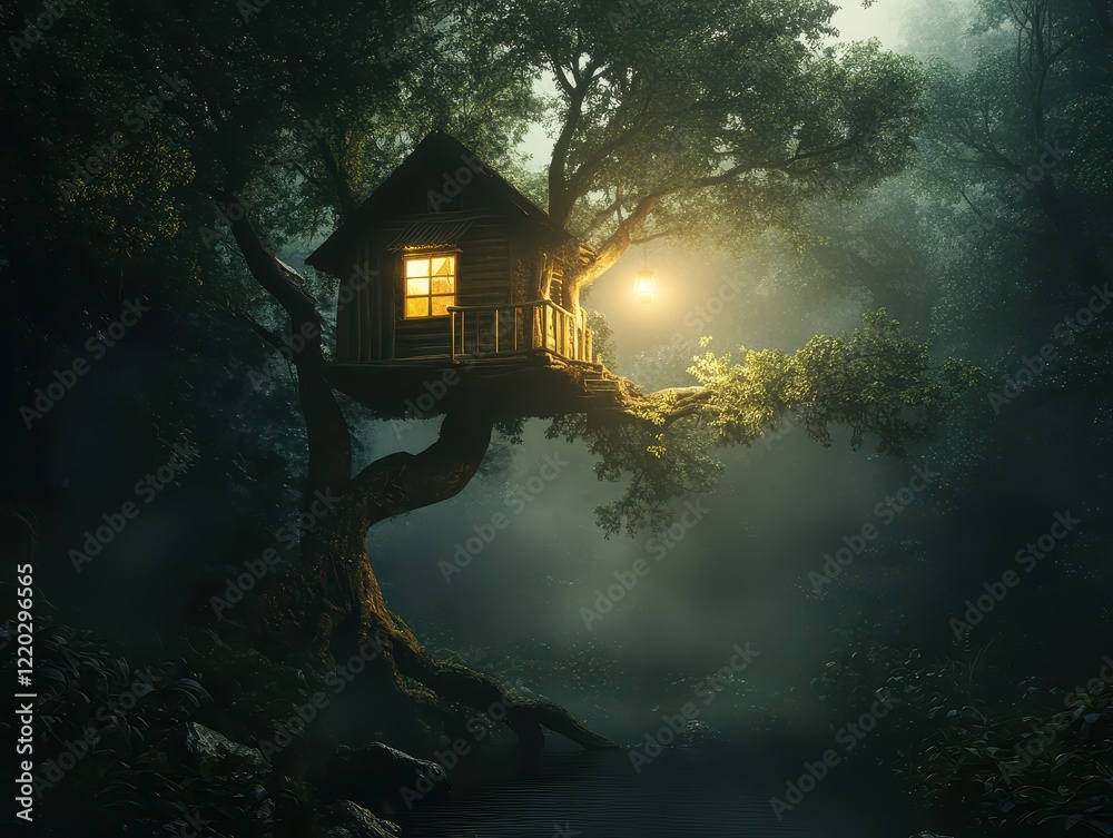 Sustainable Harmony Concept. A magical treehouse illuminated at night, nestled in a misty forest, evoking a serene and enchanting atmosphere. Sustainable Harmony Concept. A magical treehouse illuminated at night, nestled in a misty forest, evoking a serene and enchanting atmosphere.
