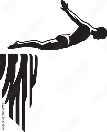Downloadable silhouette vector EPS file of a cliff diver in mid-air, ideal for adventure themes, extreme sports designs, diving illustrations, and outdoor activity-inspired projects.