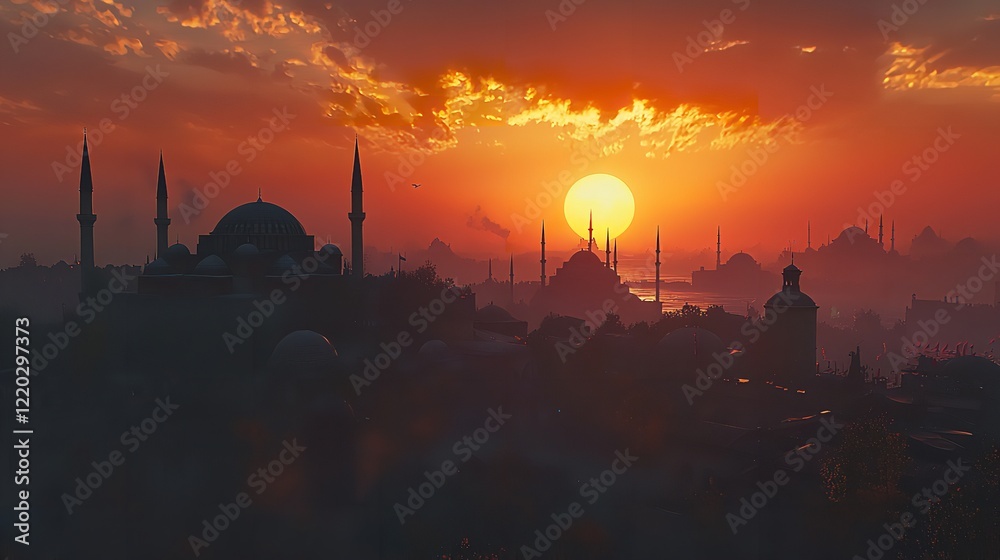 Obraz premium Islamic city skyline with mosque and minarets against a sunset sky.