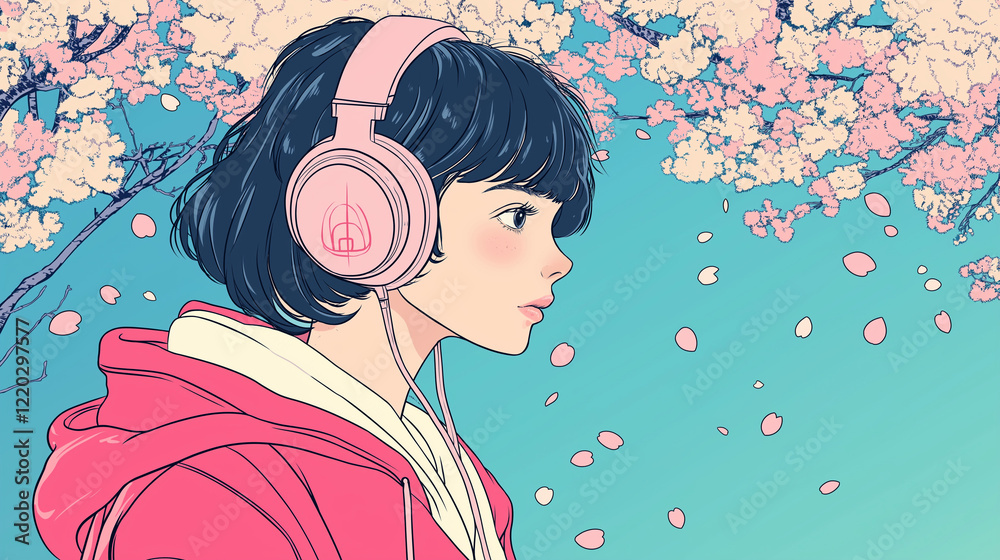 Young woman with short black hair wearing a red hoodie and pink headphones, gazing at cherry blossoms in full bloom. Digital art with soft pastel colors and a serene, contemplative atmosphere. Young woman with short black hair wearing a red hoodie and pink headphones, gazing at cherry blossoms in full bloom. Digital art with soft pastel colors and a serene, contemplative atmosphere.
