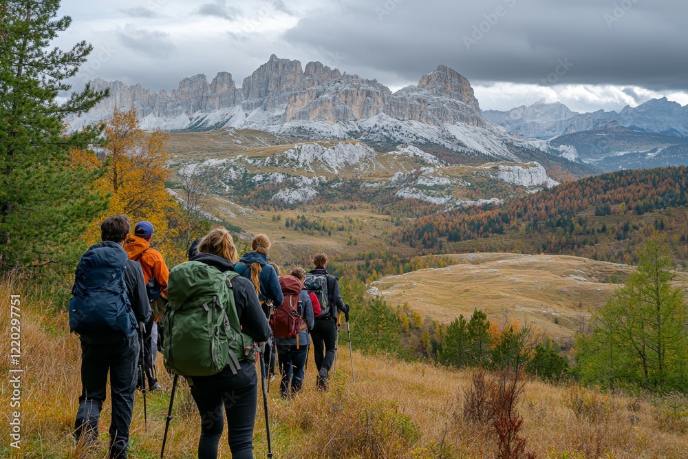 Obraz premium A group of people are hiking up a mountain trail