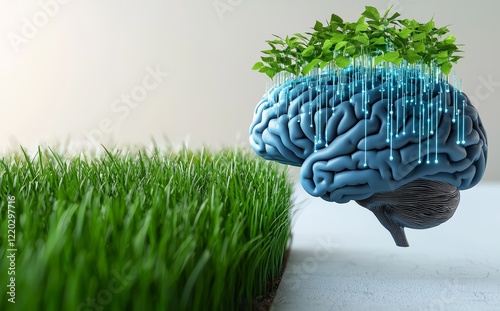 Digital Brain with Green Plants and Flowers photo