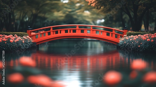 Red bridge spans tranquil water garden flowers photo