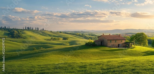 Tranquil landscape with a house nestled on a rolling green lawn, surrounded by distant trees, soft hills, and a bright, open sky with scattered clouds.
