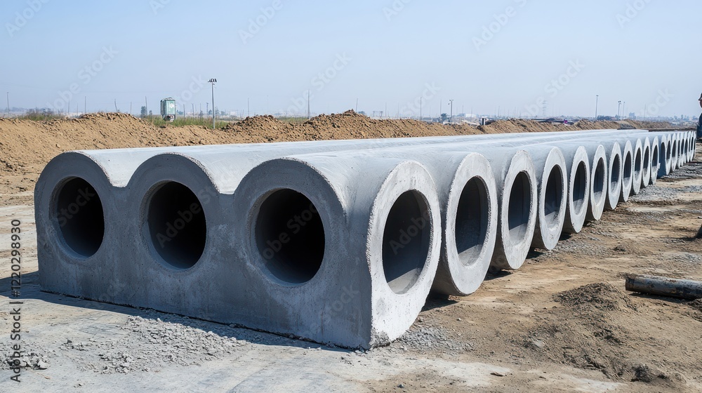 Concrete drainage pipes at construction site. Concrete drainage pipes at construction site.
